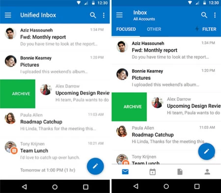 Outlook インターフェイス、使用前 (左) と使用後 (右)