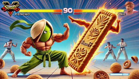 Dall E 2025 02 11 13 45 07 A Pistachio And A Long Rectangular Lotus Biscoff Cookie Engaged In An Intense Street Fighter Style Battle The Pistachio Has Muscular Arms And A Dete