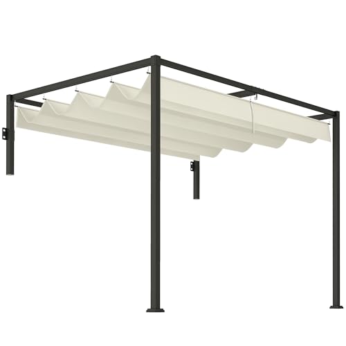 Outsunny Pérgola con Techo Retráctil Pérgola de Pared 3x2 m Cenador con Tela de Poliéster Resistente al Agua 