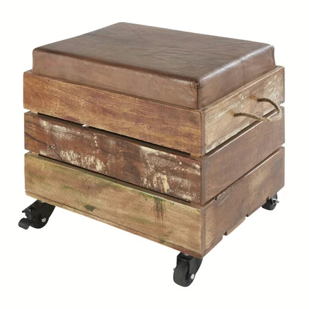 Taburete Con Almacenaje De Madera Reciclada Y Piel De Cabra Marra3n