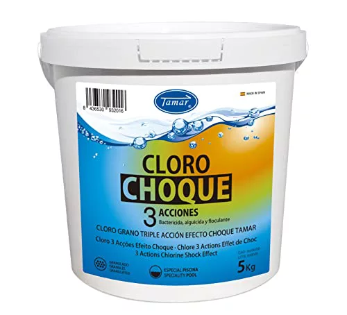 Tamar Cloro Choque 3 Acciones, granulado, recuperador Agua Piscina deteriorada, Alta solubilidad, desinfectante, antialgas y clarificante Grano 5 KG