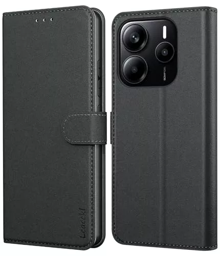 Leacckl Funda para Xiaomi Redmi Note 14 4G, Funda Tipo Cartera de Piel, Funda Abatible con Tarjetero y Hebilla Magnética, Funda de Piel Tipo Libro, Negro