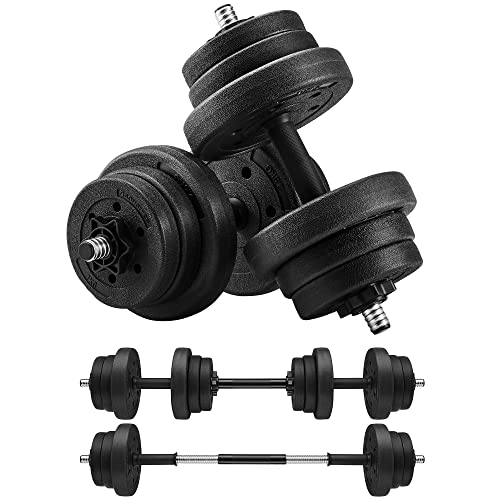 SONGMICS Juego de Mancuernas 2 en 1, Mancuernas Ajustables de 2 x 10 kg, con Barra Adicional, Placas de Peso Recubiertas de Plástico, Entrenamiento de Fitness, Gimnasio de Casa, Negro SYL20HBK