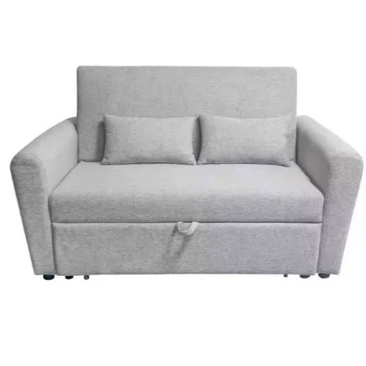 Sofa cama de color gris tapizado tela Neve. Fácil apertura extraíble. Incluye dos cojines decorativos.
