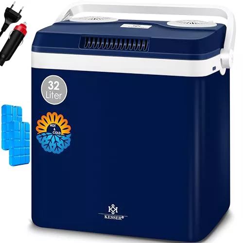 KESSER® Nevera eléctrica portátil de 32 L 12 V, Enchufe de 230 V | ENFRÍA y CALIENTA | Refrigerador Termoeléctrica | con 2x acumulador de frío Azul Marino