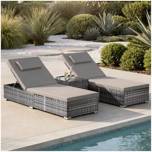 tectake® Set de 2 Tumbonas Jardin Exterior, Tumbonas Piscina, Muebles Jardin Exterior, Tumbona Plegable, Tumbona Terraza con Mesa, Respaldo Ajustable 6 Posiciones, Acolchado Extraíble - Gris