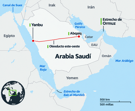 Principais rotas de exportação de petróleo da Arábia Saudita | Gráfico original do The Guardian | Imagem gerada usando ChatGPT (OpenAI, 2026)