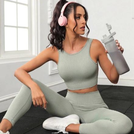 Yoga Basic 2 Piezas Conjunto De Yoga Sin Costuras Acanalado De Alta Elasticidad, Ropa De Gimnasia Con Top De Tanque Y Leggings De Levantamiento De Glúteos