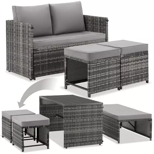 tectake® Conjunto Jardin Exterior 2 en 1, Muebles Jardin Exterior, Mesa y Sillas Terraza, Sofa con Cojines Impermeables y Lavables, 4 Personas, Sofas, Silla, Mesa Terraza, Mueble - Gris