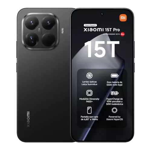 Xiaomi 15T Pro - Smartphone de 12+1024GB, Lente óptica Leica Summilux, MediaTek Dimensity 9400+, Pantalla Eye Care de 6,83" 144 Hz, HyperCharge de 90W, Cargador no Incluido, Negro (Versión ES)