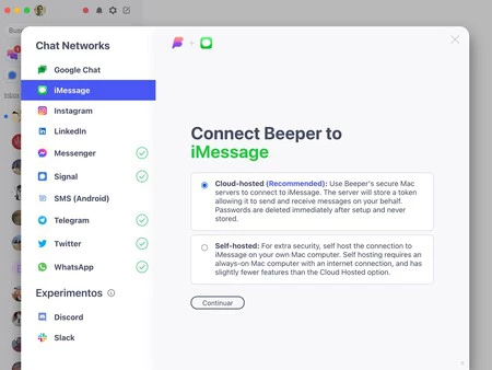 すでに接続されているメッセージング ネットワークと Beeper での iMessage 設定 (macOS の場合)