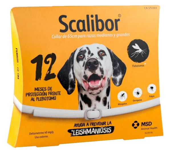 El collar Scalibor es el primer antiparasitario para perros del mercado que protege de los mosquitos del género flebotomo, garrapatas y pulgas hasta un periodo de 12 meses (12 meses frente a flebotomos, 6 frente a garrapatas y hasta 4 meses frente a pulgas).