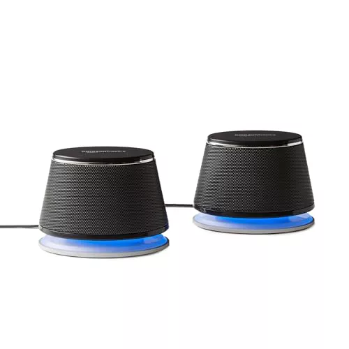 Amazon Basics Bocina 2.0 para PC o laptop, entrada auxiliar de 3.5 mm, alimentación USB, 1 par, color negro