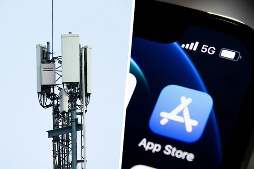 Composición con foto de una antena de telefonía y el indicador de 5G en un móvil