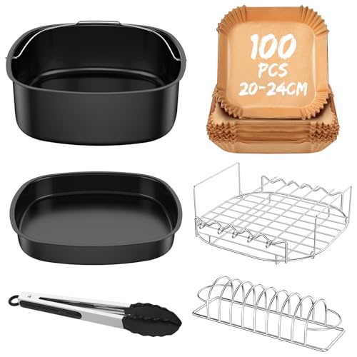 Accesorios freidora de Aire, Air Fryer Accesorios con Papel freidora Aire, Accesorios para freidora sin Aceite COSORI Cecotec Ninja Philips EVVO 5,5L 6L 6,2L 6,5L, Rejilla airfryer Pinzas Molde