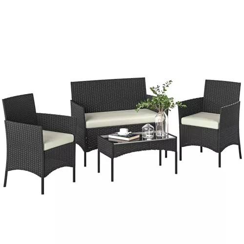 Outsunny Conjunto Jardín Exterior de Ratán con Cojines Conjunto Terraza Resistente a la Intemperie Muebles Jardín Exterior con 2 Sillones Sofá de 2 Plazas Mesa con Cristal Negro y Crema