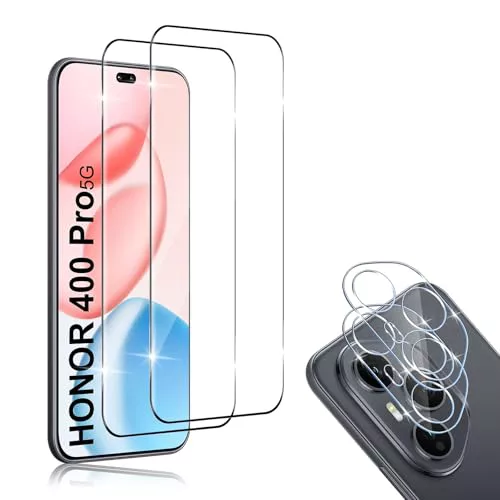 HidWee Cristal Templado Compatible con Honor 400 Pro 5G, 2 Pcs Protector de Pantalla [3D Cobertura Completa] + 2Pcs Protector de Lente Cámara, 9H Dureza Anti-Arañazos Vidrio Templado