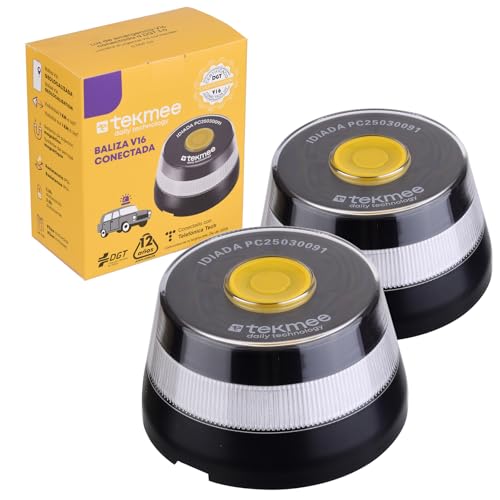 HIBRON TEKMEE Luz Emergencia V16 Homologada DGT con Geolocalización, Baliza Coche Conectada DGT 3.0, Datos Incluidos hasta 12/2038, Pack 2 Unidades