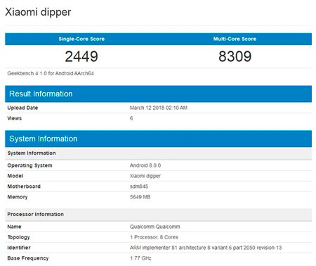 Xiaomi Mi 7 Xiaomi Dipper Geekbench