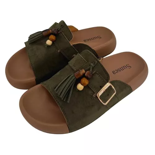 SUNSEA Sandalia Plana Mujer Estilo Bohemio con Detalle de Borla y Hebilla (Verde, Sistema tallas calzado EU, Adulto, Números, mediano, 37)