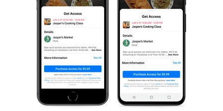 2 つの異なる通知を示す iOS および Android 用 Facebook のスクリーンショット。 iPhone の場合、Facebook は 30% の手数料について警告し、Android の場合、ソーシャル ネットワークがサービスの取得に何の割合も取らないことを認めています。