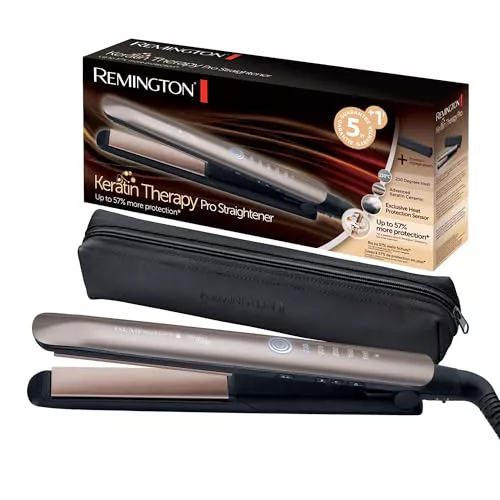 Remington Plancha Pelo pantalla digital, 160-230 °C, sensor protección contra el calor para reducir el daño capilar Keratin Therapy revestimiento cerámica con queratina y aceite de almendra S8593