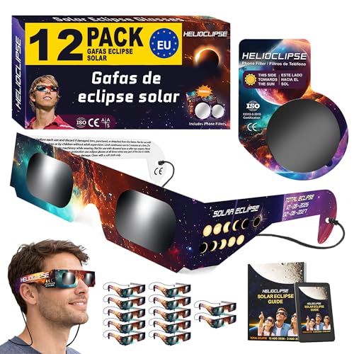 Helioclipse 12x Gafas Eclipse Solar Homologadas ISO 12312-2 2026 - Gafas para Ver Eclipse Solar - Gafas de Eclipse Solar Homologadas - 2x Filtro Solar Móvil