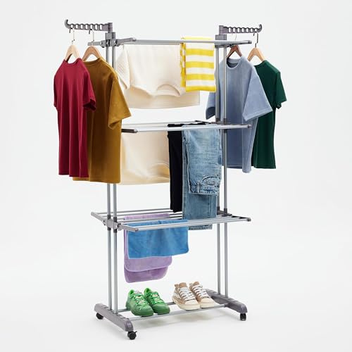 Amazon Basics Tendedero tipo torre, para interior, con alas plegables, Plateado, 126 x 64 x 173 cm (L x W x H)