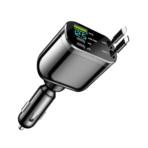 SNZ 60W cargador coche carga rapida, Cargador de coche retráctil 5 en 1, Accesorios coche interior para iPhone 16/15/Pro MAX/Plus, Cargador mechero coche USB C 12V para Regalos Originales Mujer Hombre