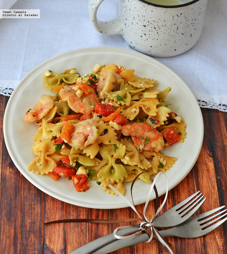 Pasta con camarones picantes y pimientos rostizados. Receta