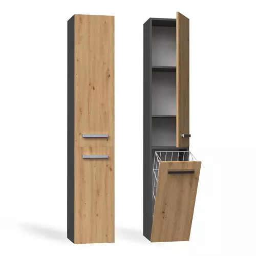 CDF Mueble de Baño y Lavandería, Columna de Baño Estrecho, Armario Alto con Cesto para la Ropa, Armario Que Ahorra Espacio Salón, Pasillo, Aseo Antracita/Roble Artisan, Ancho 31 cm, 30x31x174 cm