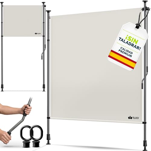 tillvex Toldo vertical con pinza, 120 x 310 cm, color beige con manivela sin agujeros, protección visual extensible y opaca, toldo vertical para balcón, terraza, jardín, estor de protección visual