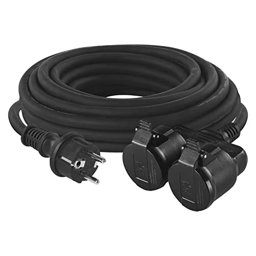 EMOS cable alargador IP44 15 m, 2 Schuko, resistente agua, calor, golpes, frío, 230 V 16 A 3680 W, goma H05RR-F3G 1.5 mm², exteriores, negro