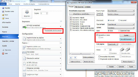 Menú impresión a dos caras