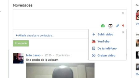 Google+ permite grabar vídeo desde nuestra webcam y compartirlo con nuestros círculos