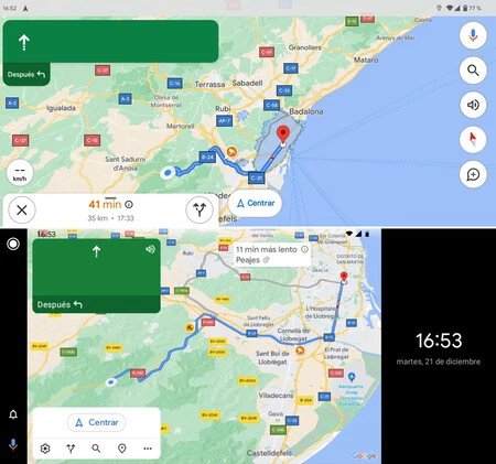上は、Google アシスタントの運転モード。以下、ヘッドユニットがリロードされた Android Auto (Google Pixel 6)