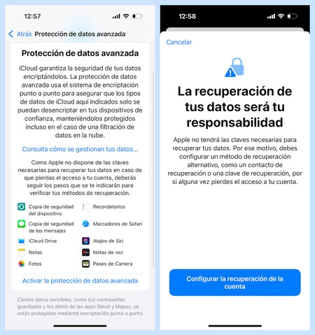Capturas de pantalla mostrando la sección de protección de datos avanzada para iCloud en iOS