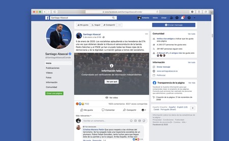 Por qué Facebook ha marcado como falsa una publicación de Santiago Abascal si no verifica a otros políticos