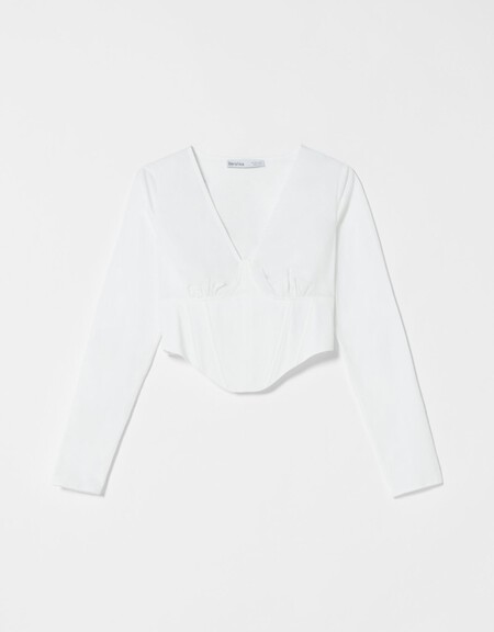 Camisa Manga Larga Ajustada Efecto Corse Popelin