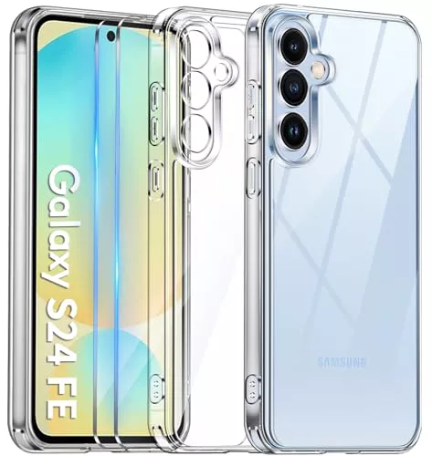 COPIKE Funda Antigolpes para Samsung Galaxy S24 FE 5G con 2 Protectores de Pantalla, Carcasa Protección Cámara Delgada Anti-Amarillo Antiarañazos PC Duro Respaldo, Transparente