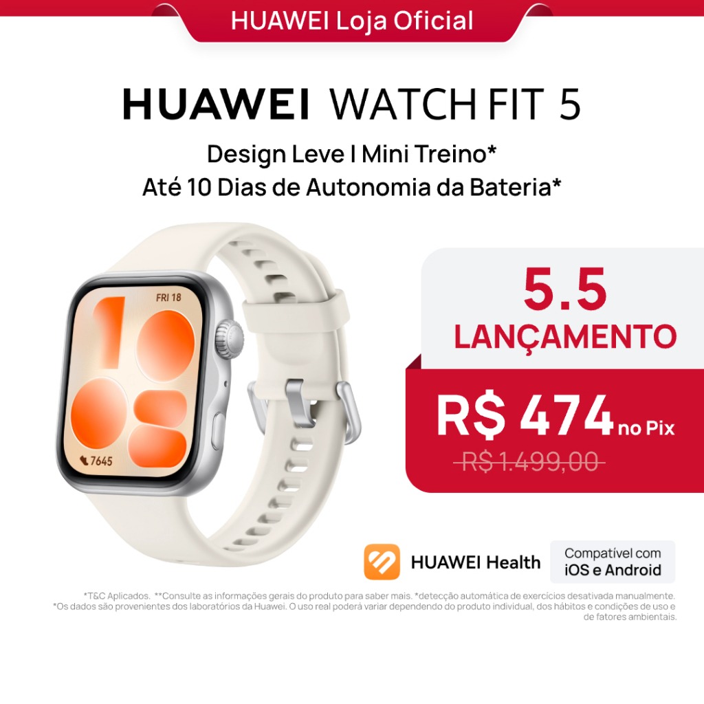 HUAWEI WATCH FIT 5 | Smartwatch Relogio | AMOLED de 182" Design Leve | Mini Treino | 64 GB | GPS
