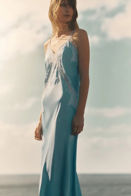 Vestido Lencero Satinado Invitada Barato Elegante Bonito Azul