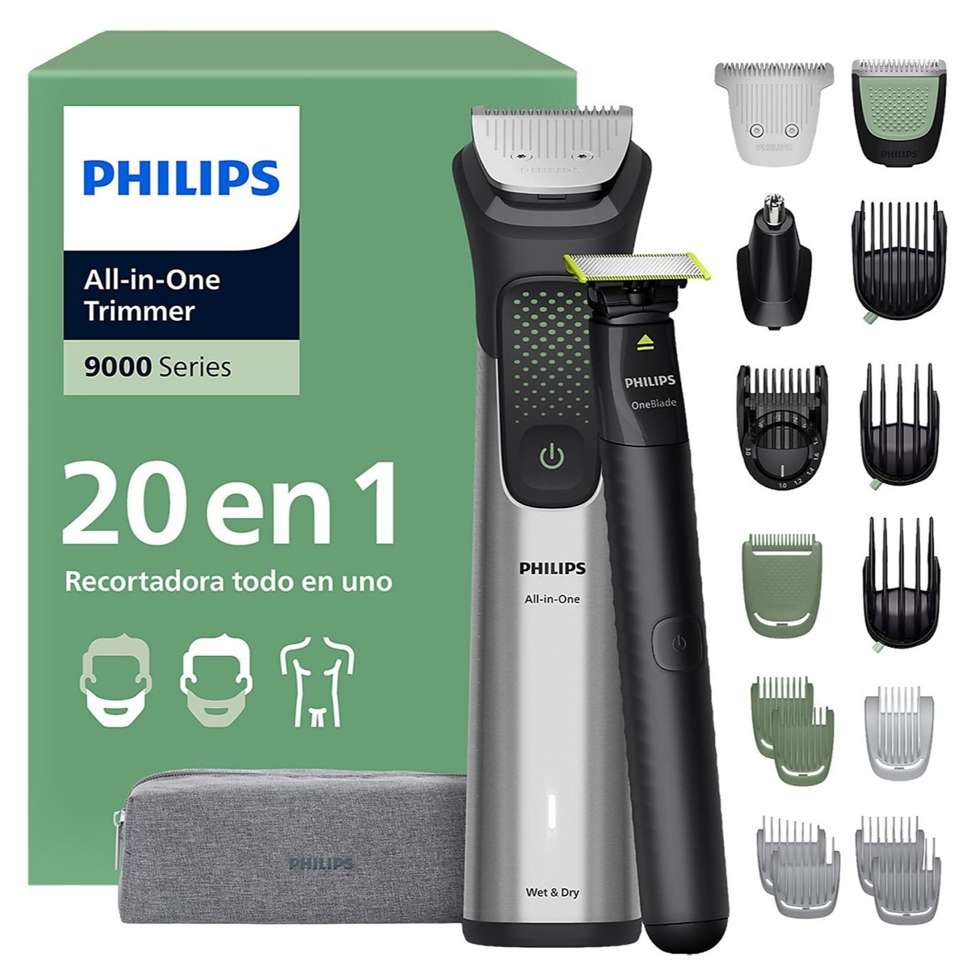 Afeitadora corporal - Philips MG9558/15, 20 Accesorios, 120 min Autonomía, Cara, Cabeza y Cuerpo, Peine-guía de precisión de alta calidad, Gris