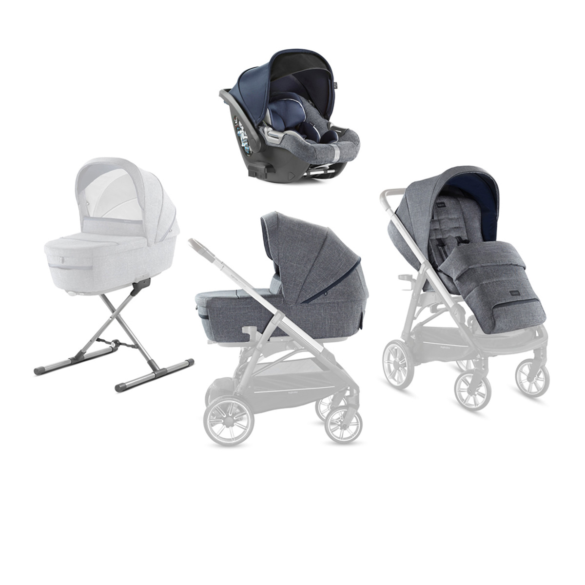 Sistema de paseo modular Aptica Quattro Inglesina Capazo, Asiento para Silla de paseo, Silla de auto y Soporte Standup Niagara Blue gris