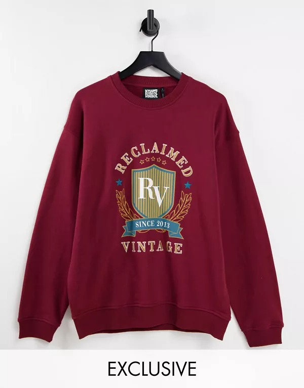 Reclaimed Vintage Inspired unisex oversized sweatshirt in burgundy with college embroidery