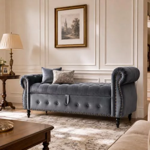 Clevich Banco con Almacenaje Premium Lujo Terciopelo, Pie de Cama, Gris