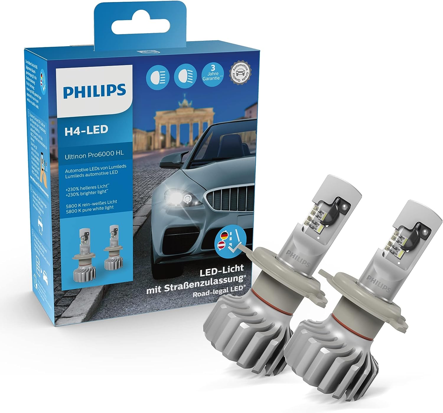 Philips Ultinon Pro6000 H4-LED lámparas LED legales para carretera en España*, 230% más brillante**, 5.800K, set de 2