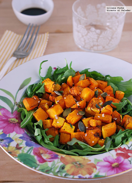 Ensalada de calabaza asada y rúcula con aliño balsámico. Receta