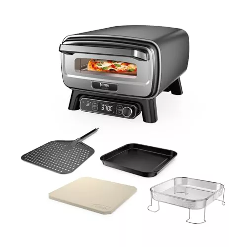 Ninja Artisan Horno air fry y pizza de exterior, 4 funciones: Pizza, Freír con aire, Hornear, Fermentar, 5 ajustes de pizza, Piedra de 30 cm, Pala, Bandeja, Cesta para freír con aire, Gris MO201EU