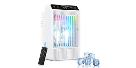 Aire Acondicionado Portatil con Pantalla, Climatizador Evaporativo 4 EN1 De 1000 Ml Tanque, con Mando, Mini Enfriador de Aire con Doble PulverizacióN y Luz de 7 Colores, Temporizadores de 2-12 H